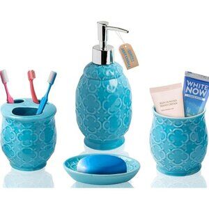 Blue Ceramic Bathroom Accessory Set 4 Piece Soap Dish Toothbrush Holder Tumbler